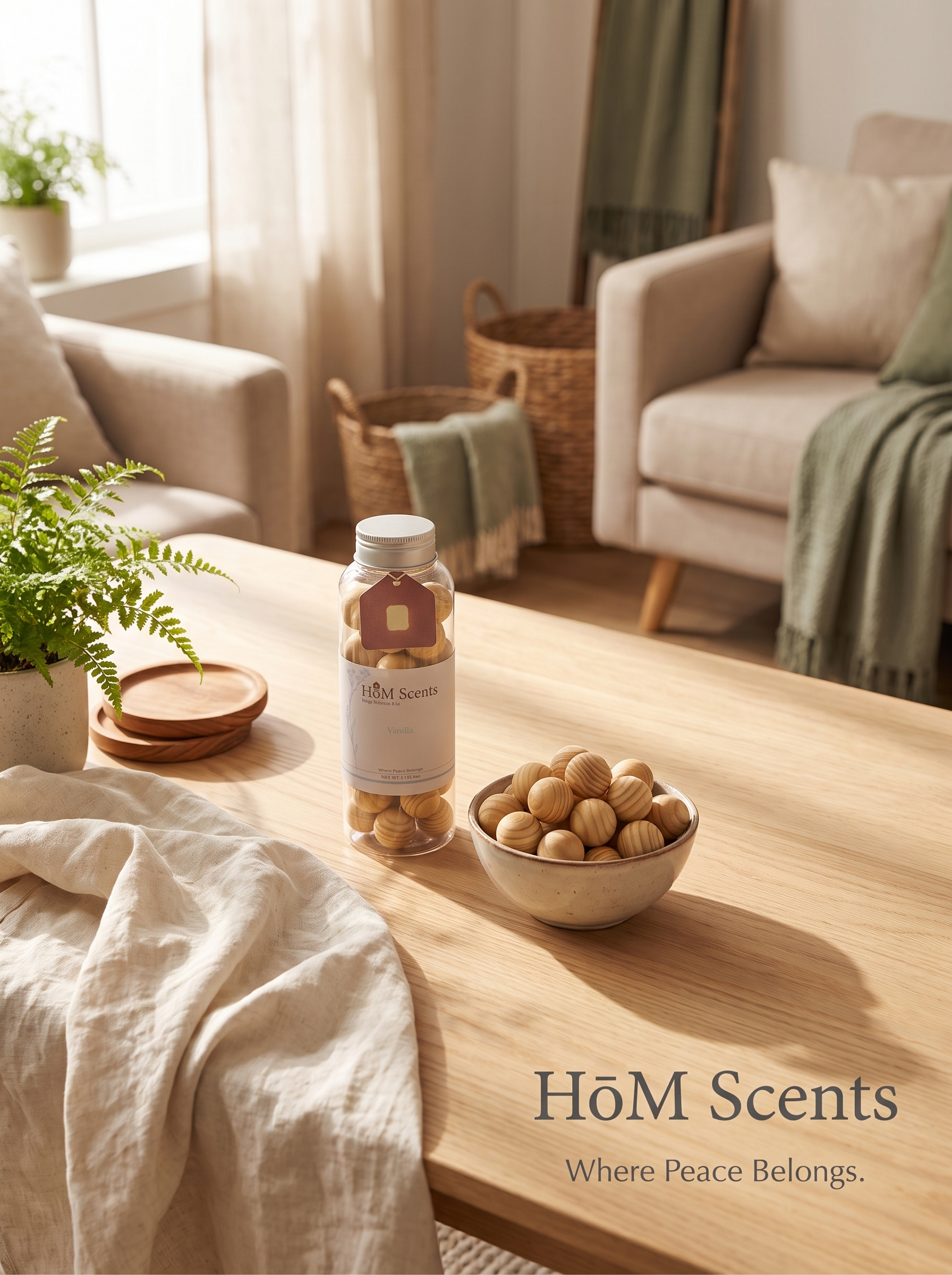 A HōM Scents fragrance bottle and wooden scent balls in a warm, sunlit living room.